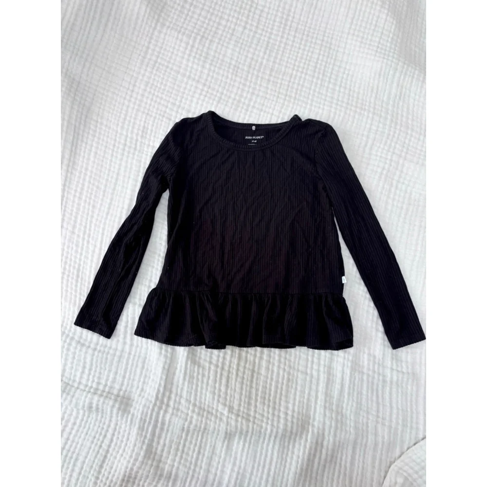 Girls Posh Peanut Bamboo Long Sleeve Ribbed Ruffle Tee 5T Black